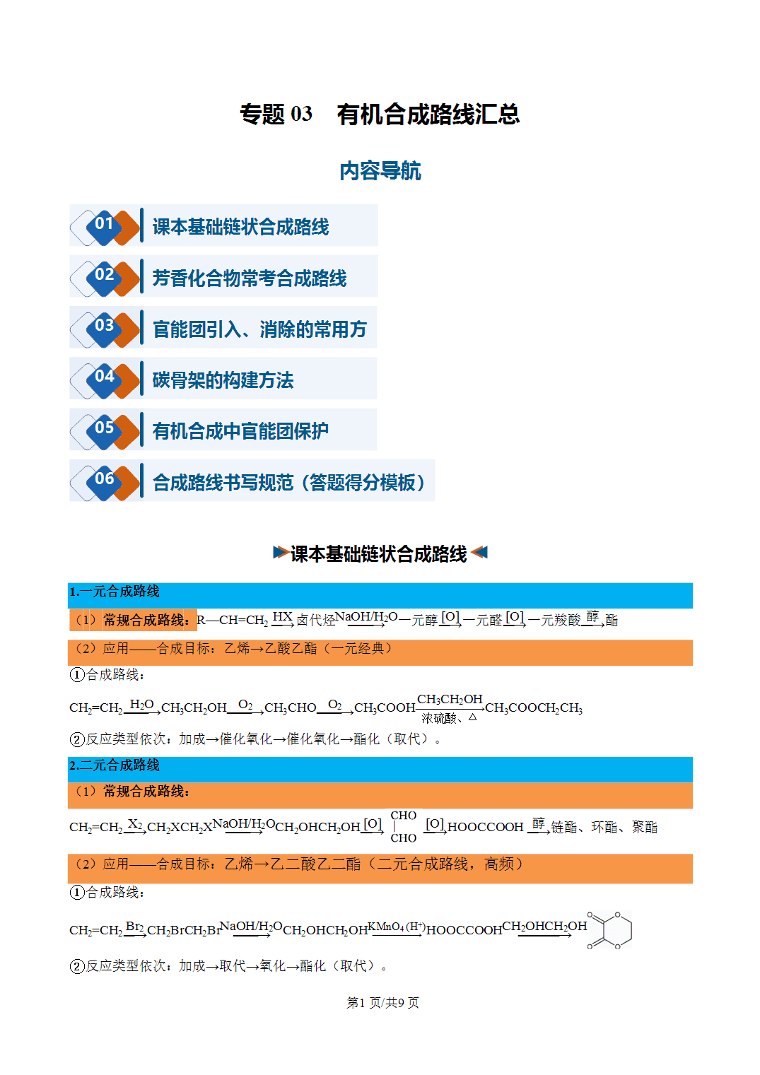[学案]2027年高考化学一轮复习知识清单全国通用版专题03有机合成路线汇总