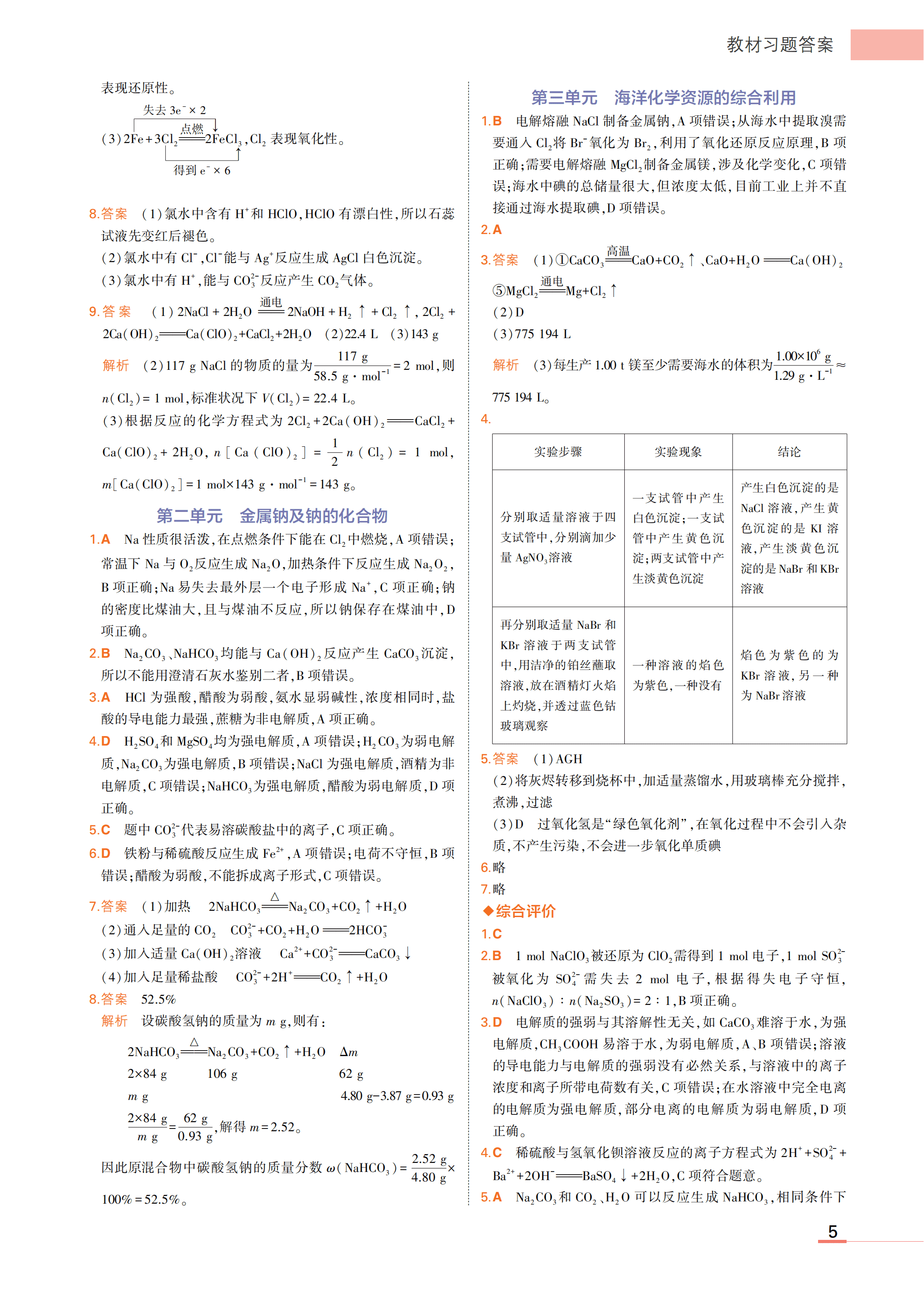 苏教版高中化学教材课后习题（练习与应用）四本书习题答案汇总