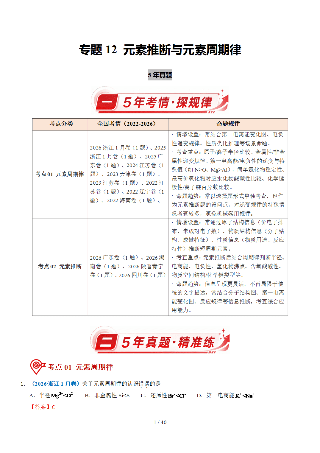2022年~2026年五年高考化学真题分类汇编专题12元素推断与元素周期律原卷版+解析版