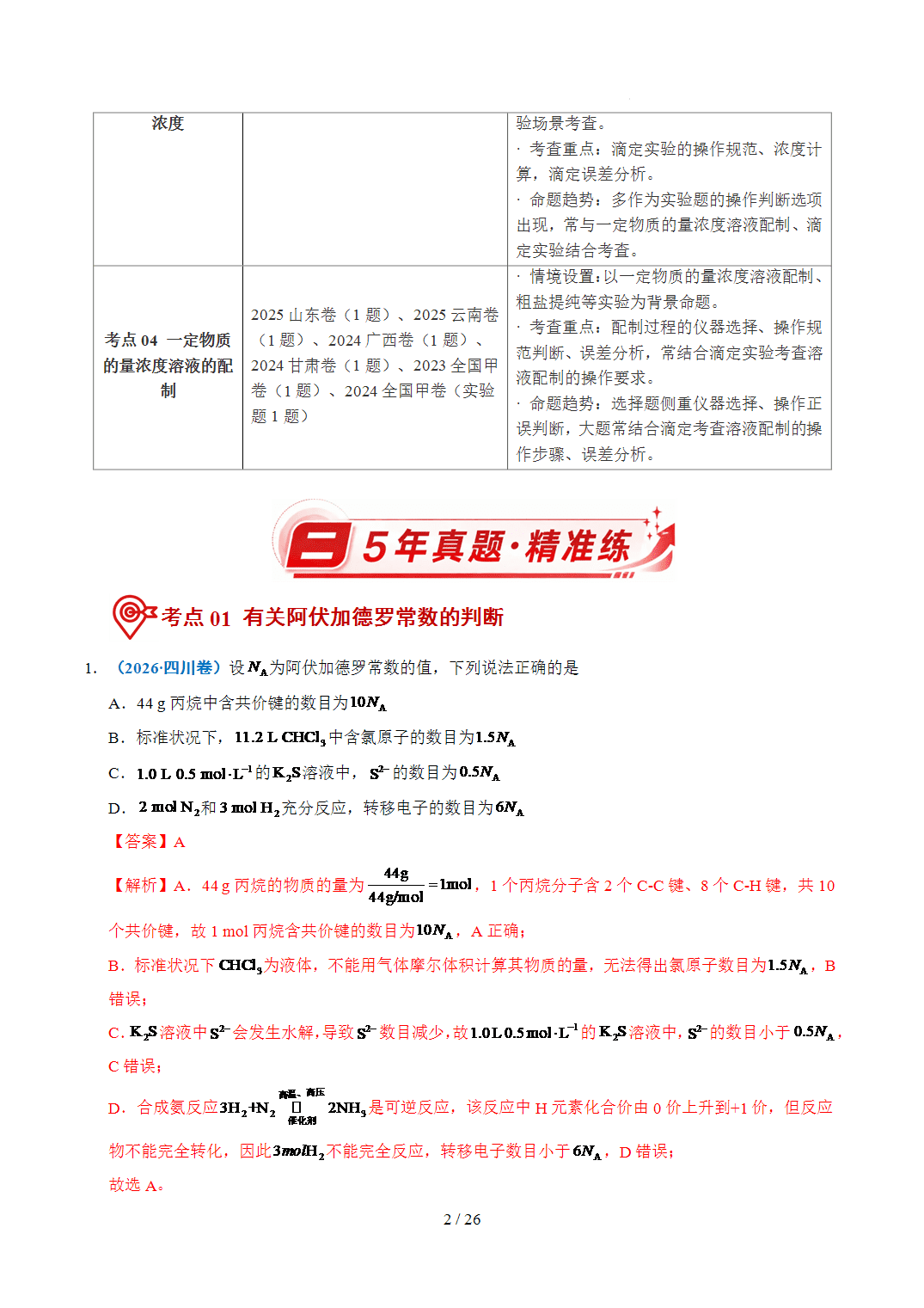 2022年~2026年五年高考化学真题分类汇编专题05化学计量原卷版+解析版