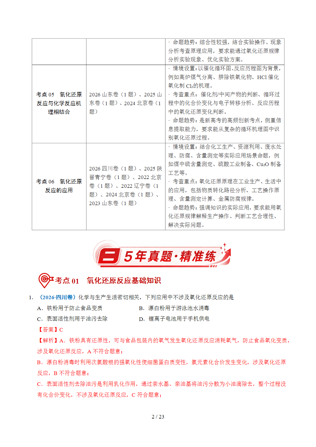 2022年~2026年五年高考化学真题分类汇编专题04氧化还原反应原卷版+解析版