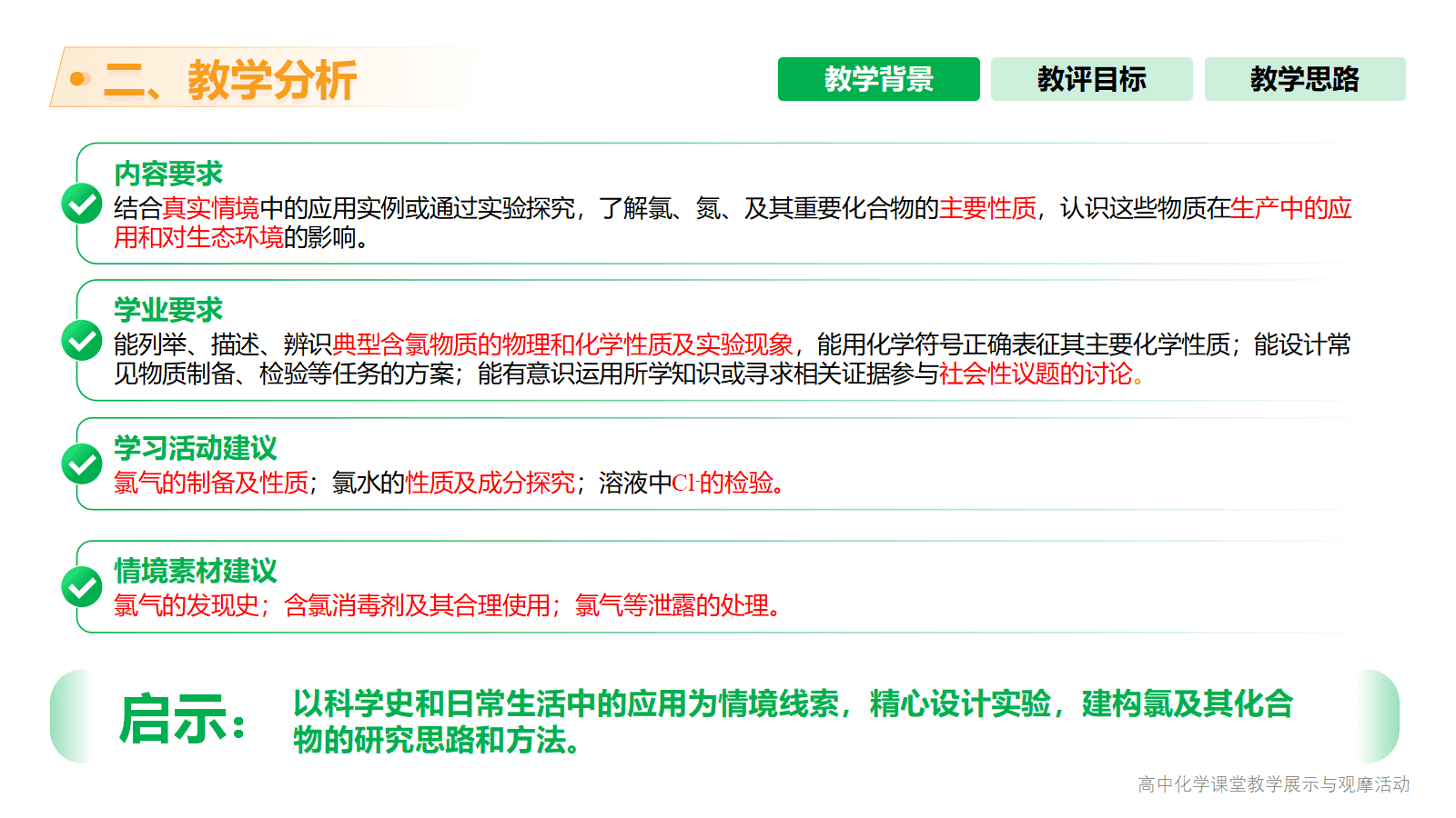 全国高中化学课堂展示与观摩活动课题《伴着科学历程认知化学物质—氯及其化合物的单元整体教学》