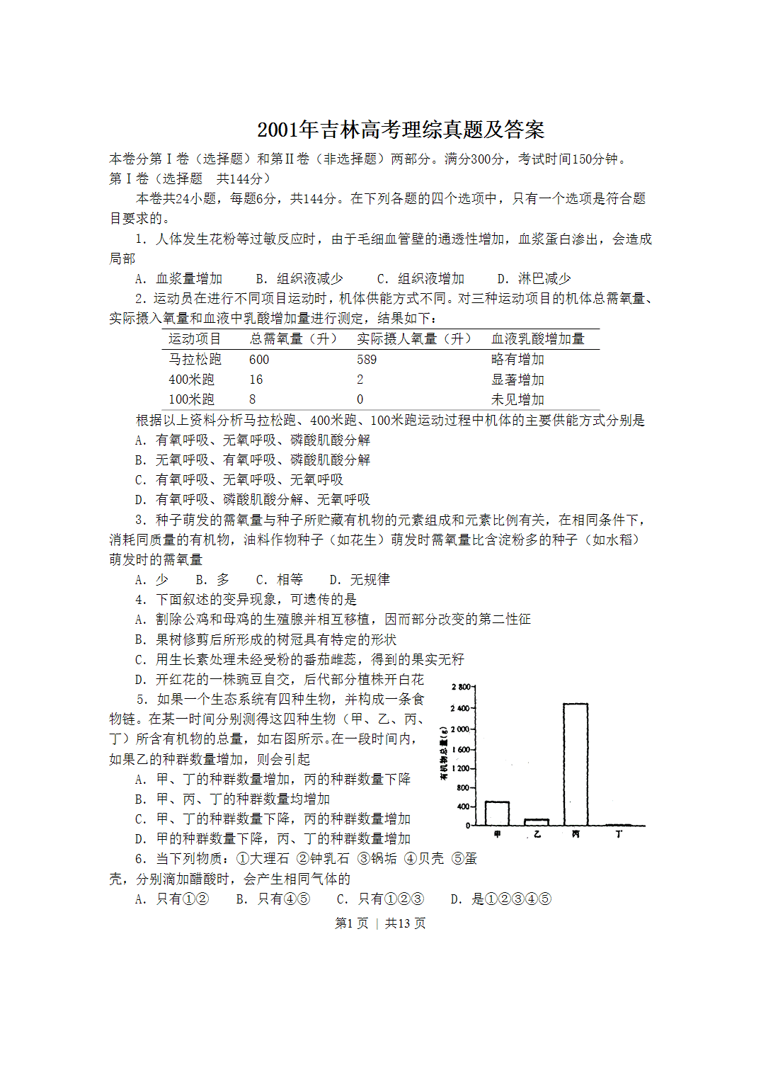 2001年吉林高考理科综合真题及答案