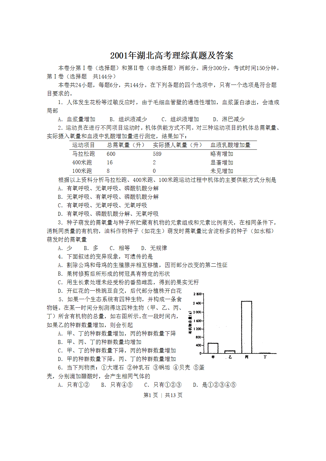 2001年湖北高考理科综合真题及答案