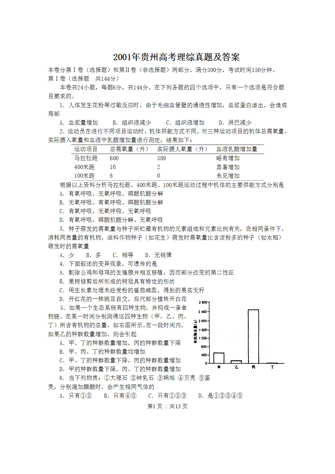 2001年贵州省全国高考理科综合真题word版及答案