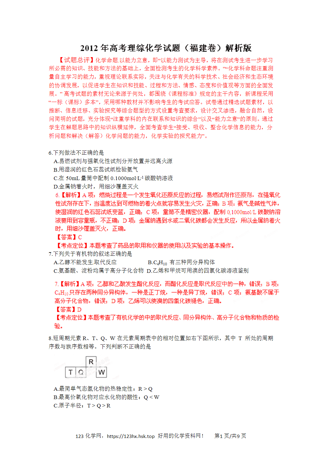 2012年高考化学试卷福建卷解析卷版