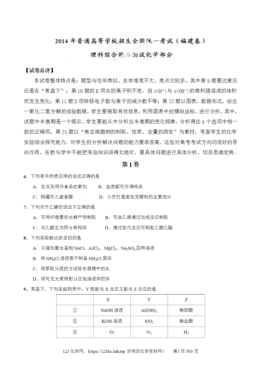 2014年高考化学试卷福建卷空白卷