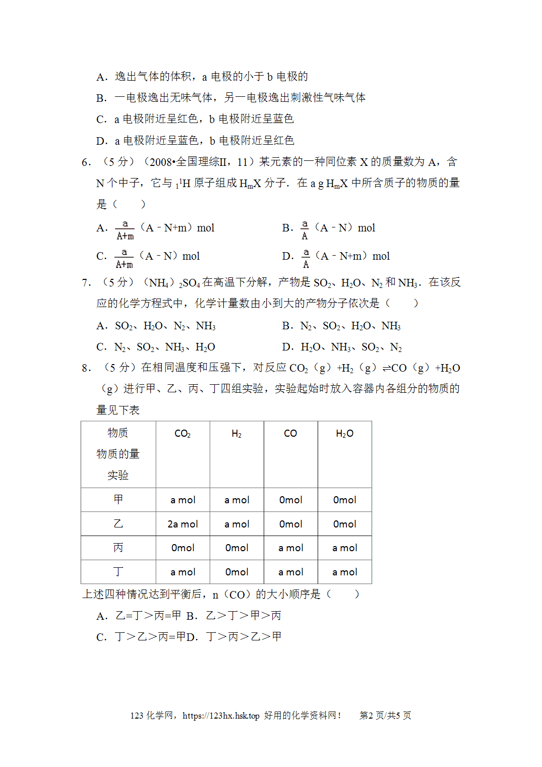 2008年高考化学试卷全国乙卷吉林卷空白卷