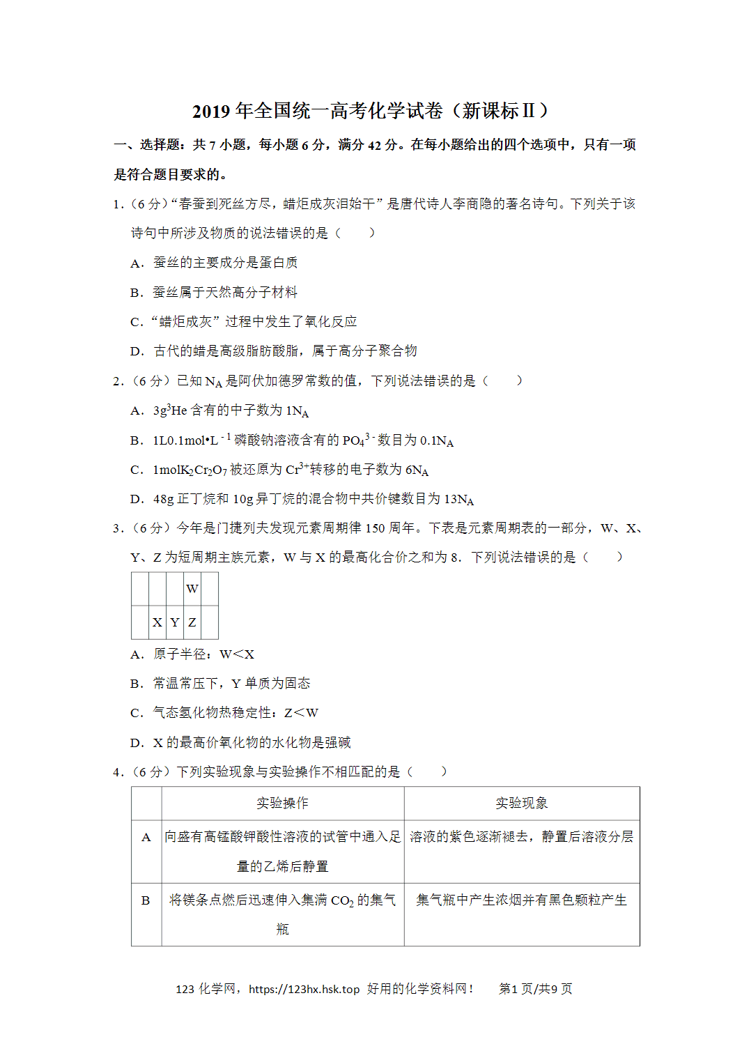 2019年高考化学试卷新课标Ⅱ卷吉林卷空白卷