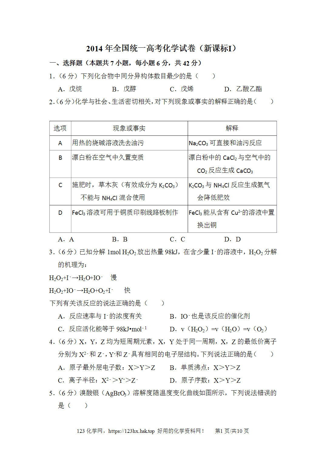2014年高考化学试卷新课标Ⅰ卷河北卷空白卷