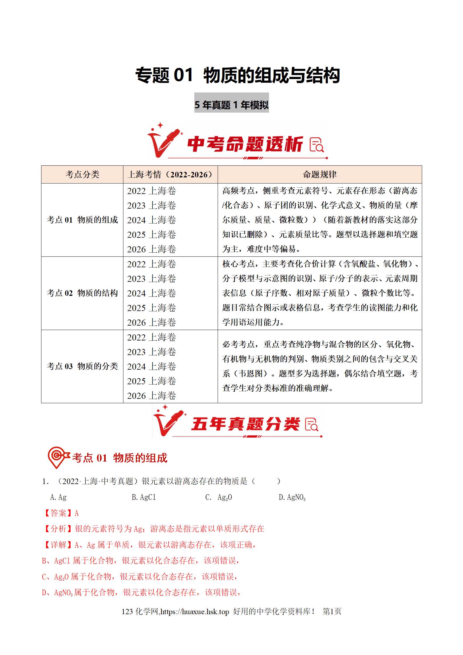 五年中考真题1年模拟2027年中考化学命题透析上海专版共16份资料