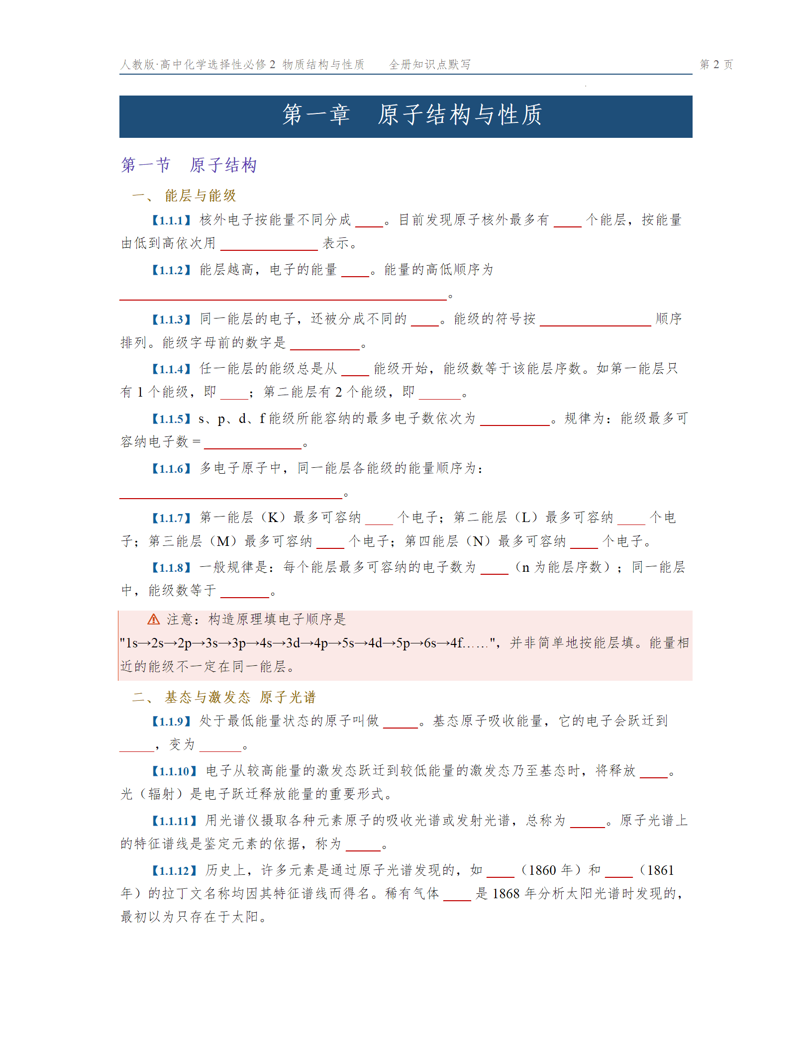 高二上学期化学人教版选必2物质结构与性质全册知识点默写填空版含答案