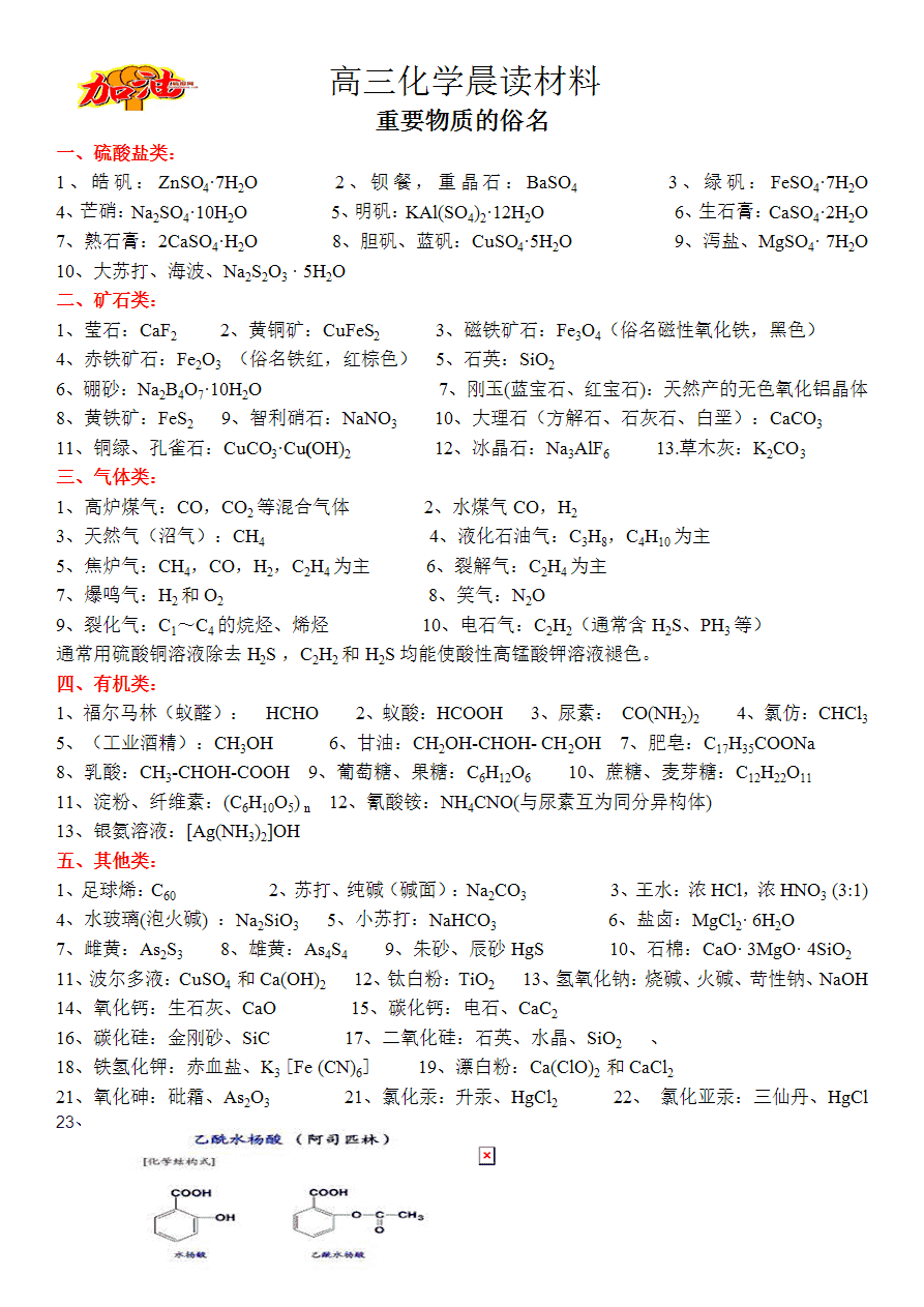 【学案】2025届高考高三化学晨读材料与练习-重要物质的俗名
