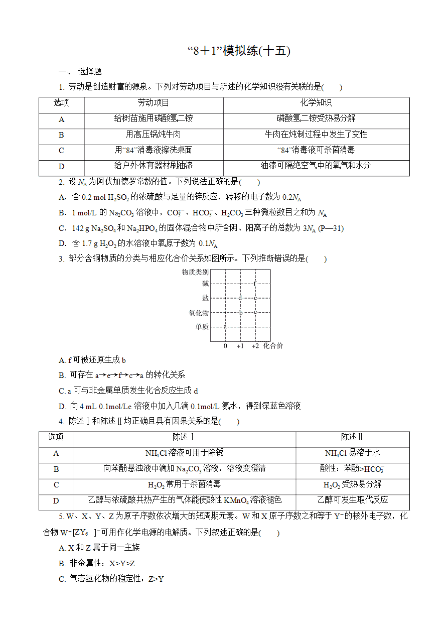 【练习】2025高考化学二轮复习精品小练“8＋1”模拟练(十五)