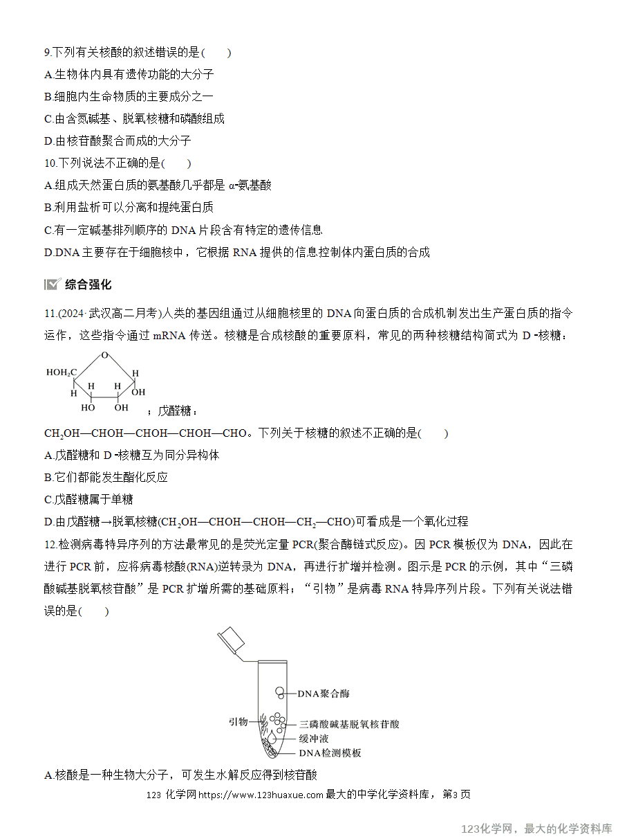 【作业】2025高中化学人教版选择性必修3《有机化学基础》作业28《核酸》