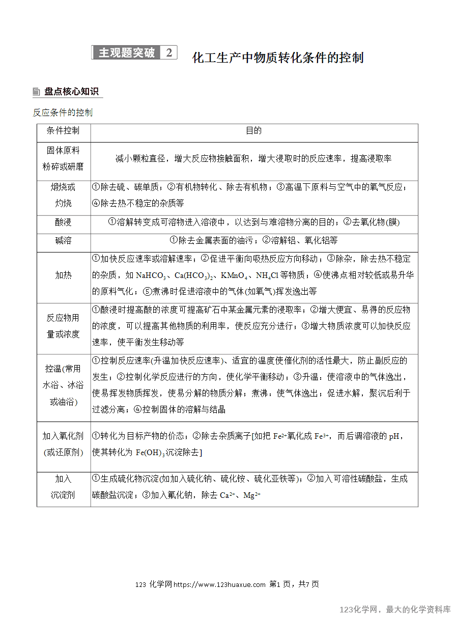【学案】2025高考化学大二轮复习专题6主观题突破2 化工生产中物质转化条件的控制-1
