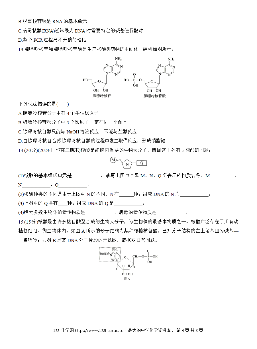 【练习】人教版选择性必修3《有机化学基础》2025版步步高《练透》作业28《核酸》word版含答案