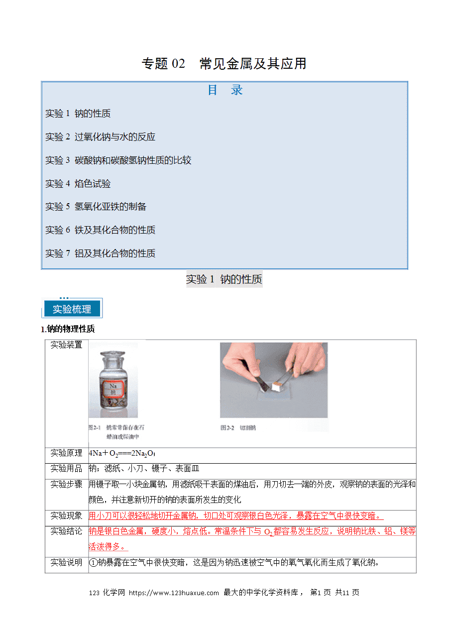 【精品学案】2025年高考化学教材重点实验复习清单专题02 常见金属及其应用（教师版）