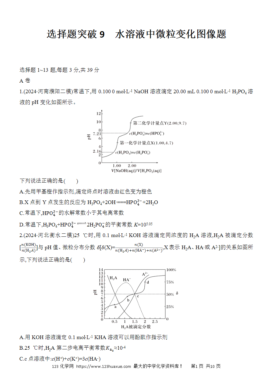 【考前强化】2025版高考化学创新设计二轮复习强化提分练习选择题突破9《水溶液中微粒变化图像题》word版含答案解析