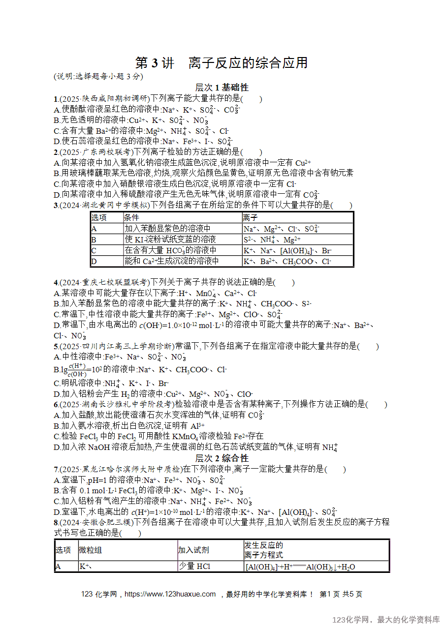 2026版高考化学一轮复习《优化设计》第3讲《离子反应的综合应用》word版含答案解析-1 【练习+课件】2026版高考化学一轮复习《优化设计》第3讲《离子反应的综合应用》word版含答案解析