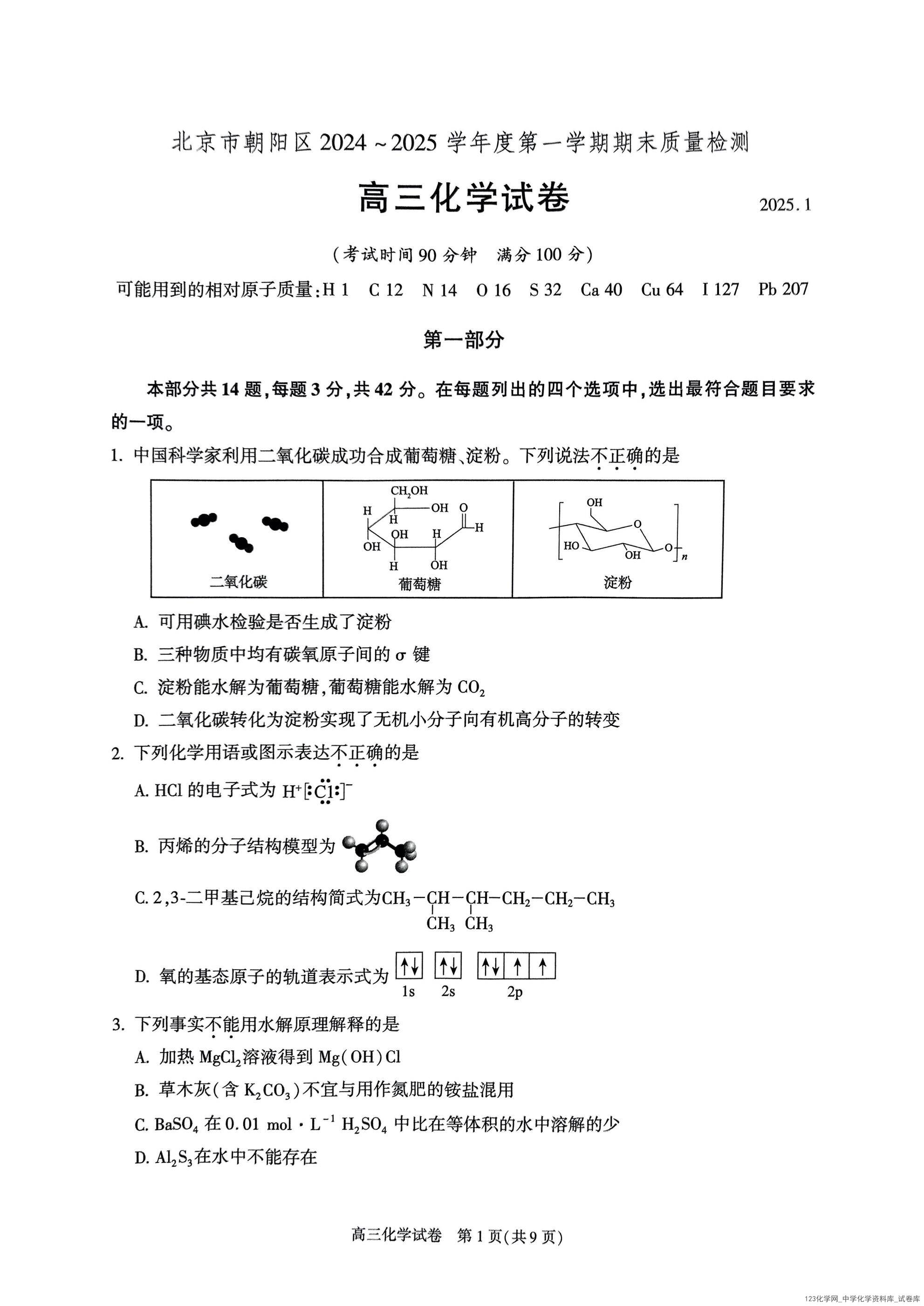 北京市朝阳区2024-2025学年高三第一学期期末质量检测考试 化学试卷+答案_01