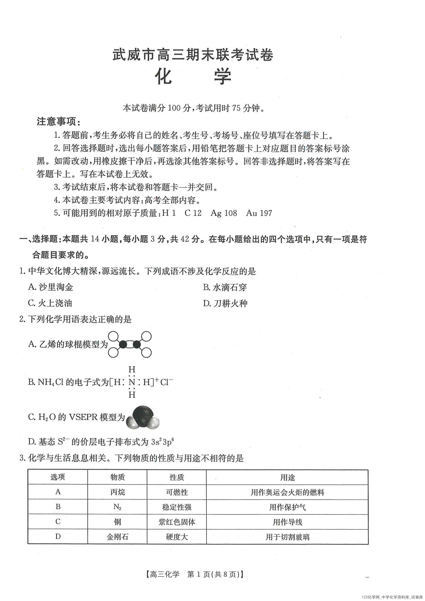 甘肃省武威市2025届高三上学期1月期末联考化学_01