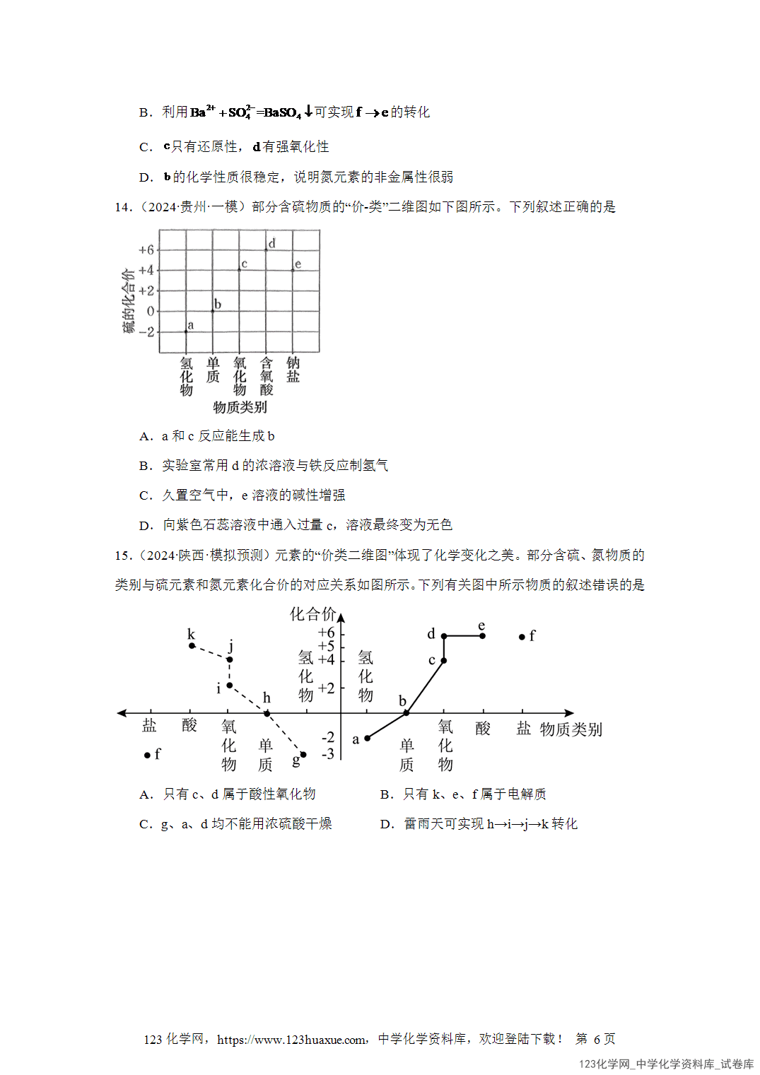 2026届高三化学二轮复习选择题专项6.物质的性质及转化（价类二维图）word版含答案解析