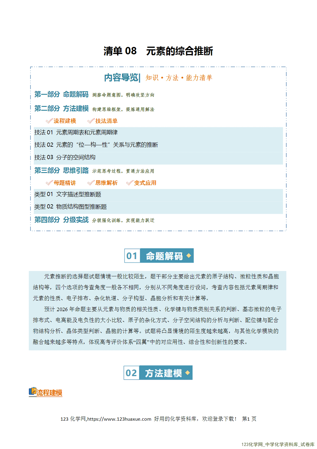 清单08元素的综合推断知识·方法·能力清单教师版-1 【学案+练习】2026年高考化学二轮复习知识·方法·能力清单08元素的综合推断教师版