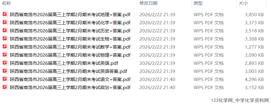 金太阳·陕西省商洛市2026届高三上学期2026年2月期末考试全科试卷含答案