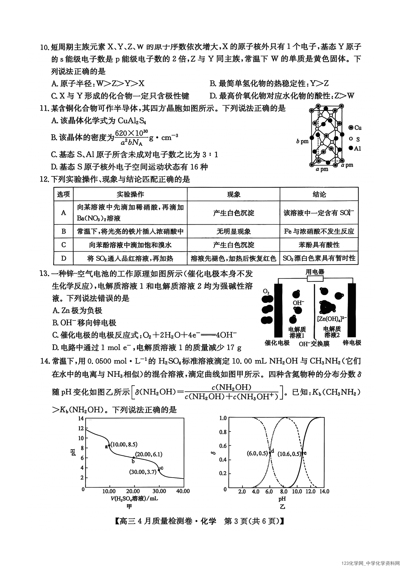 山西省卓越联盟2025～2026学年高三4月质量检测化学试卷含答案