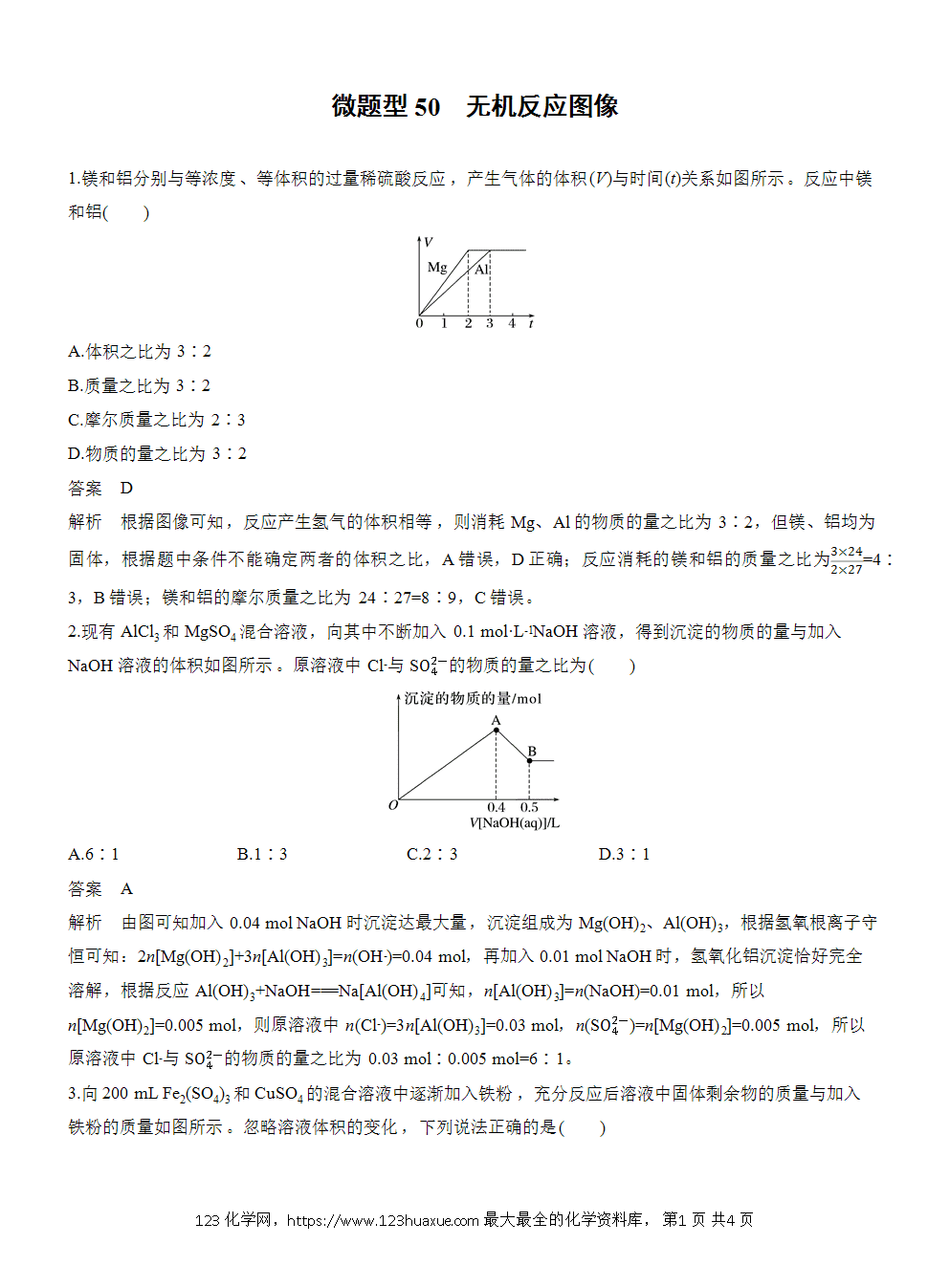2026高考化学一轮复习微题型50《无机反应图像》word版含答案