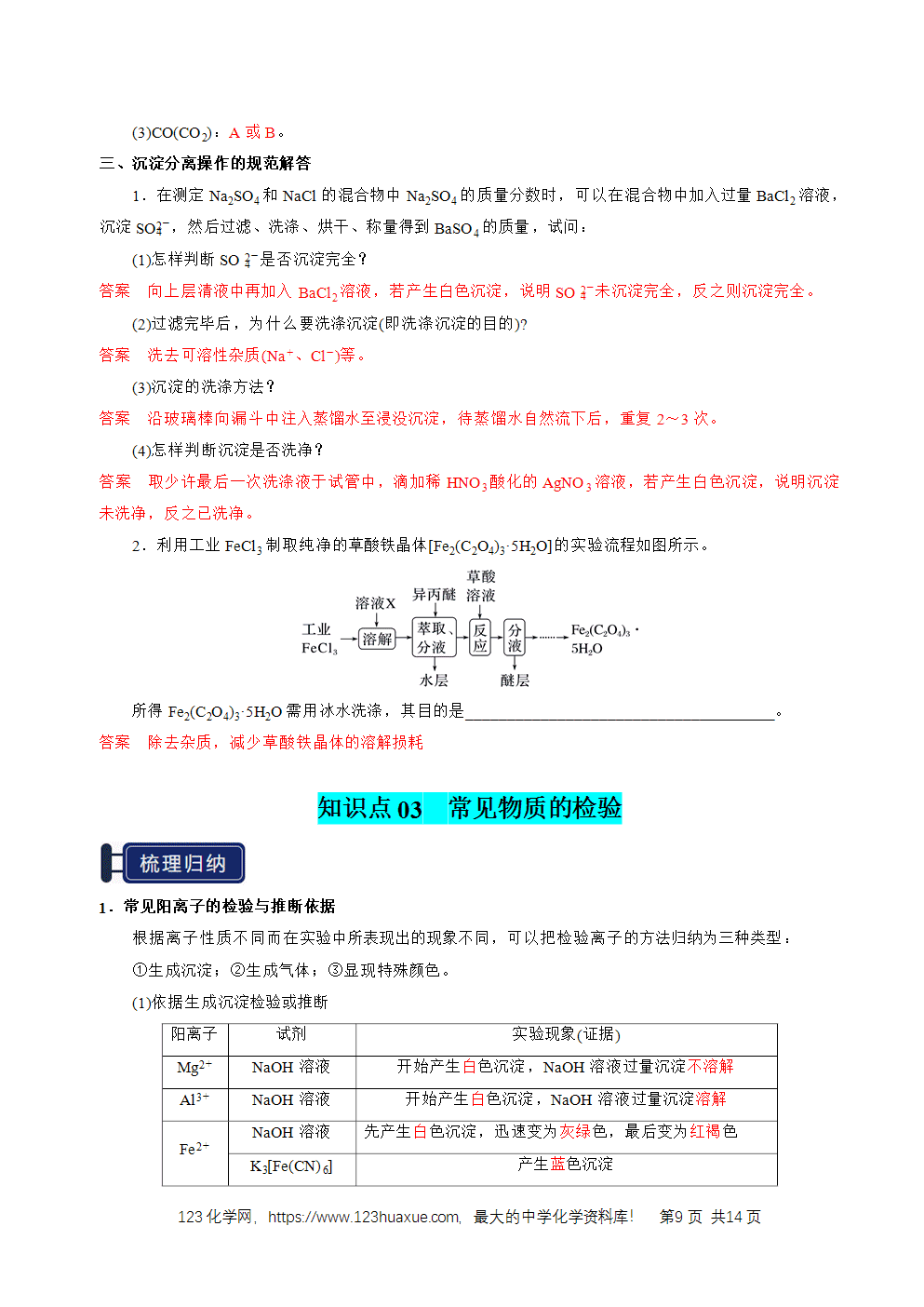 2026高考化学一轮复习学案基础知识清单31物质的分离、提纯与鉴别教师版
