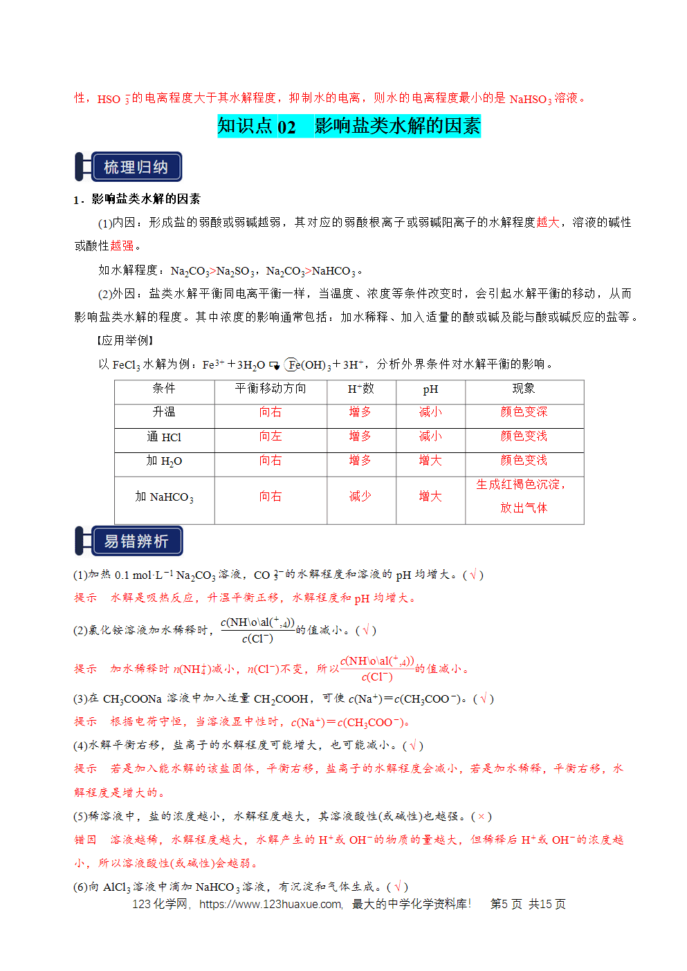 2026高考化学一轮复习学案基础知识清单23盐类的水解教师版