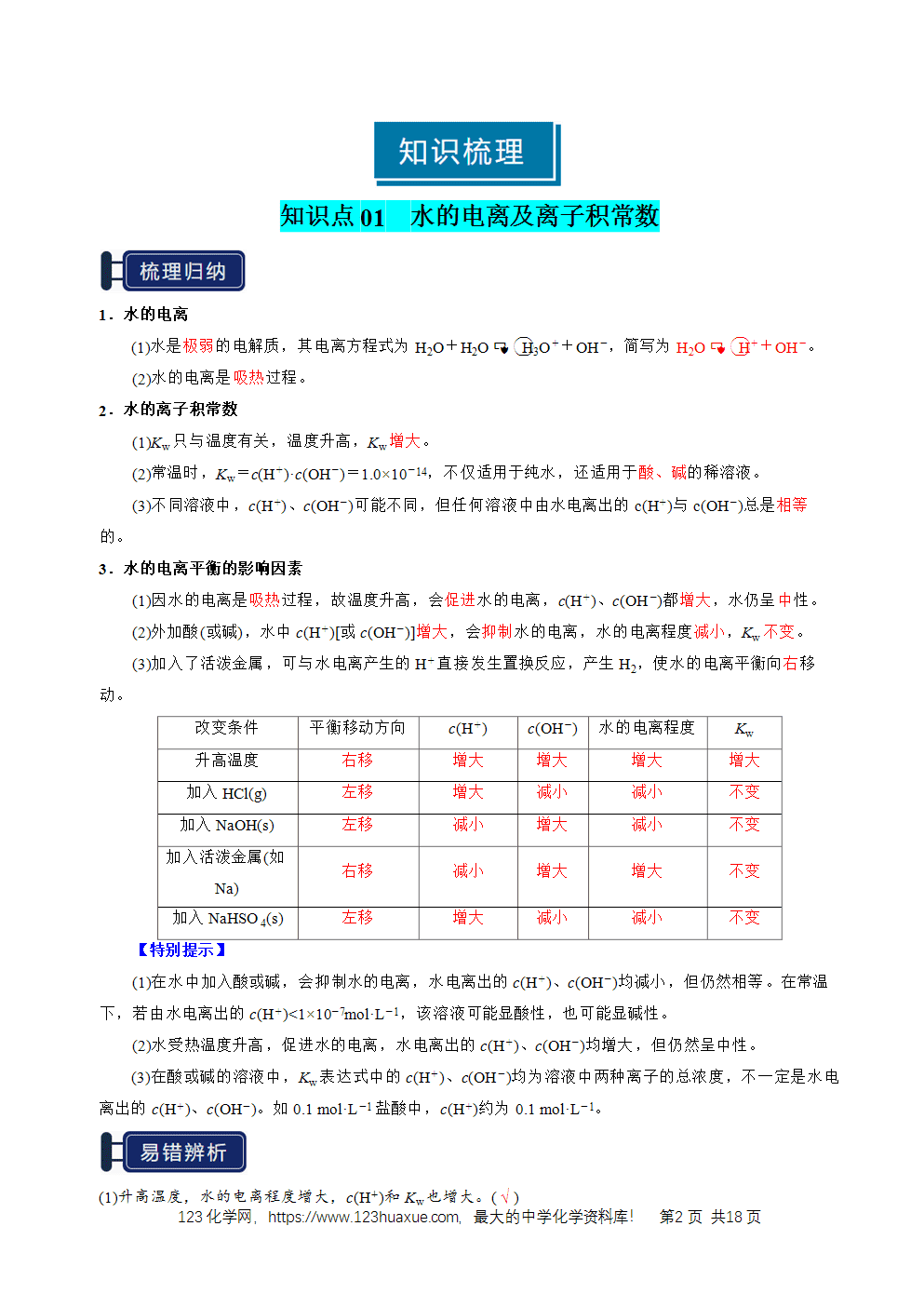 2026高考化学一轮复习学案基础知识清单22水的电离及溶液的pH教师版