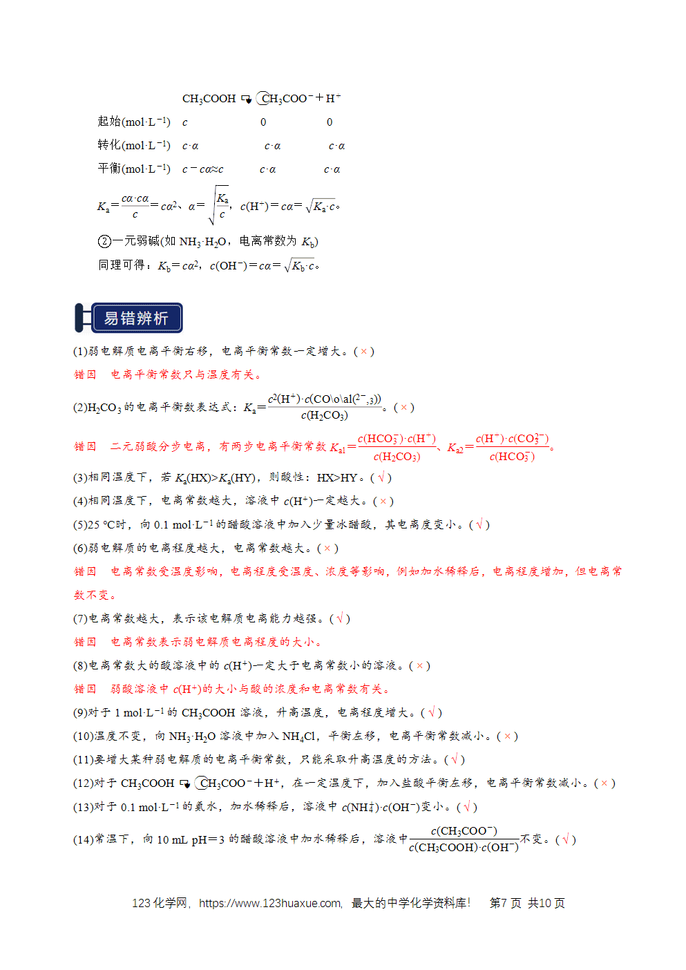 2026高考化学一轮复习学案基础知识清单21电离平衡教师版