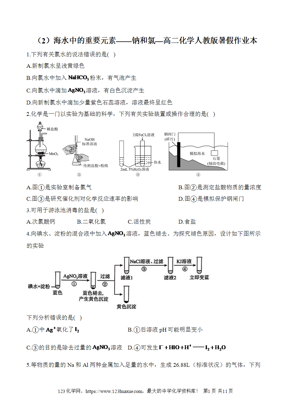 湖北孝感一中高二升高三新高三化学人教版暑假作业本（2）海水中的重要元素-钠和氯