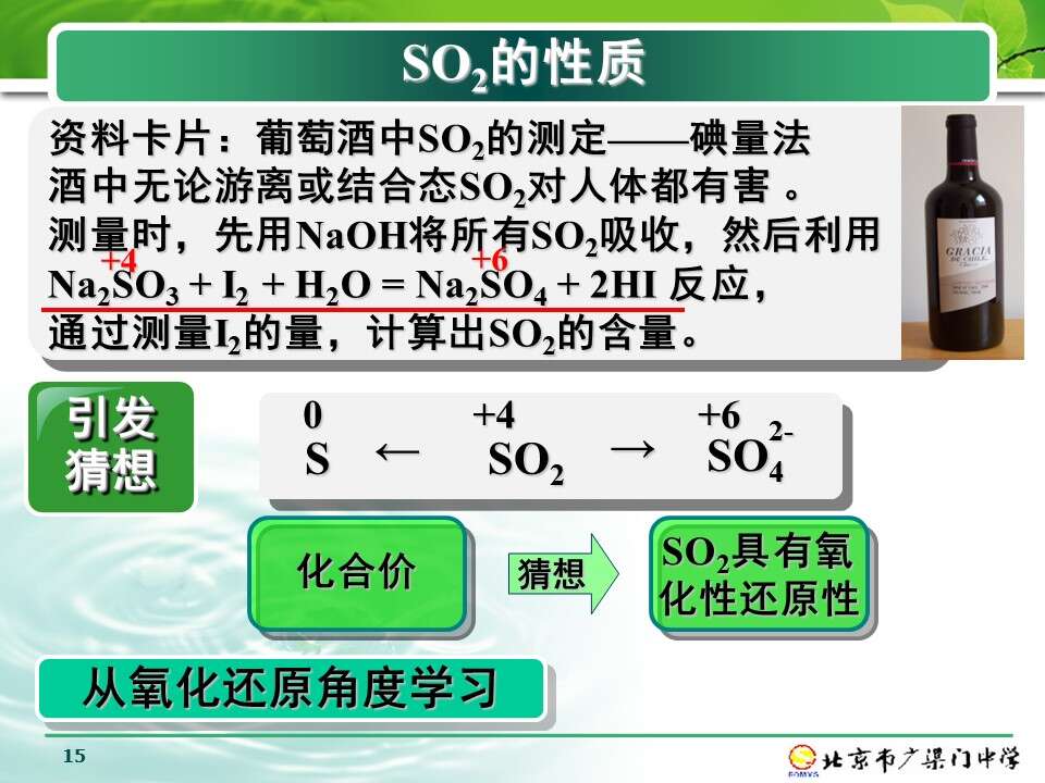 【说播课】全国高中化学说课大赛+课题《硫和氮的化合物-二氧化硫》北京广渠门中学李春红