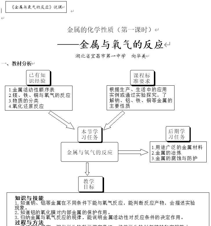 【说课稿】全国高中化学优质课湖北向华美《金属与氧气的反应》说课设计