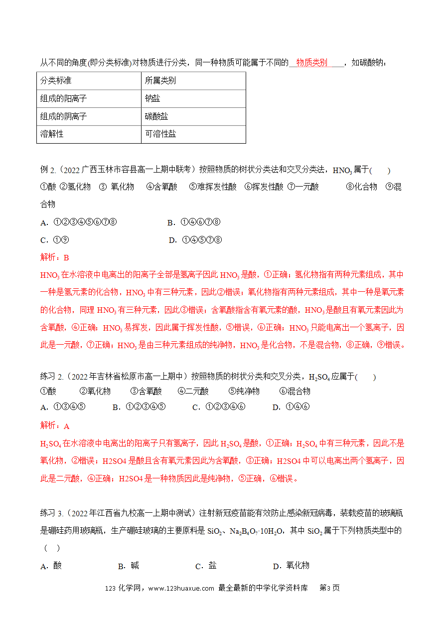 【同步练习】1.1.1 物质的分类-2024~2025学年高一化学同步导练测（原卷版）及解析版