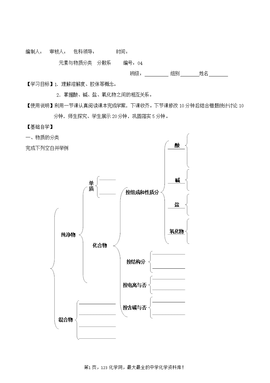 【导学案】山东省昌乐二中高三一轮复习原创化学学案:4元素与物质分类分散系(含答案)-1 【导学案】山东省昌乐二中高三一轮复习原创化学学案:4元素与物质分类、分散系(含答案)