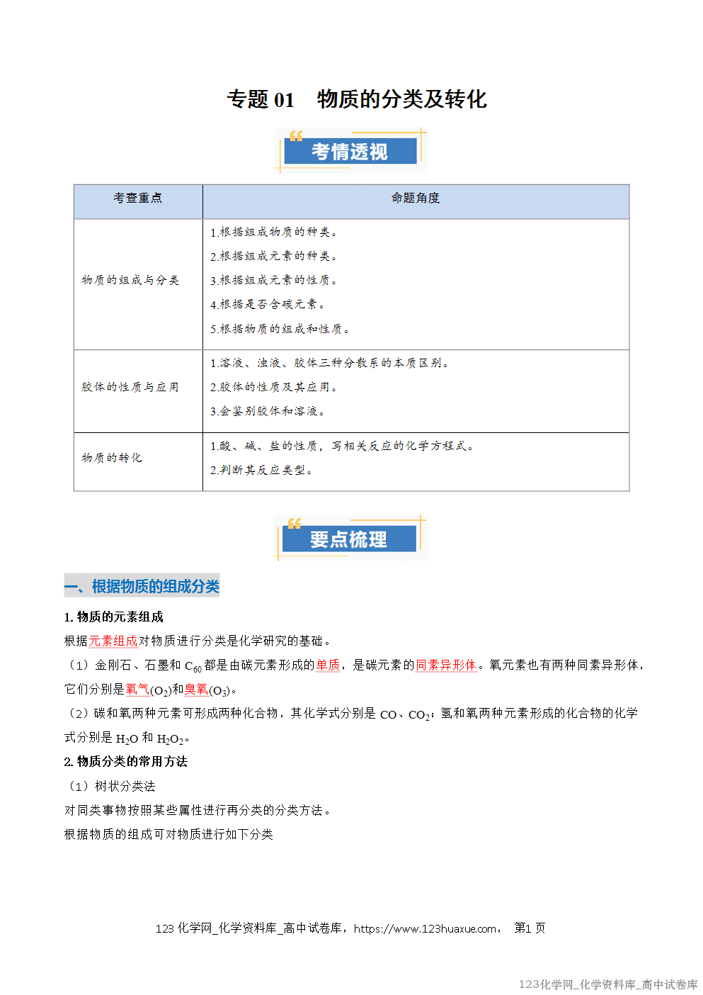 2025~2026学年高一化学上学期考点大串讲专题01物质的分类及转化期中复习讲义(解析版)