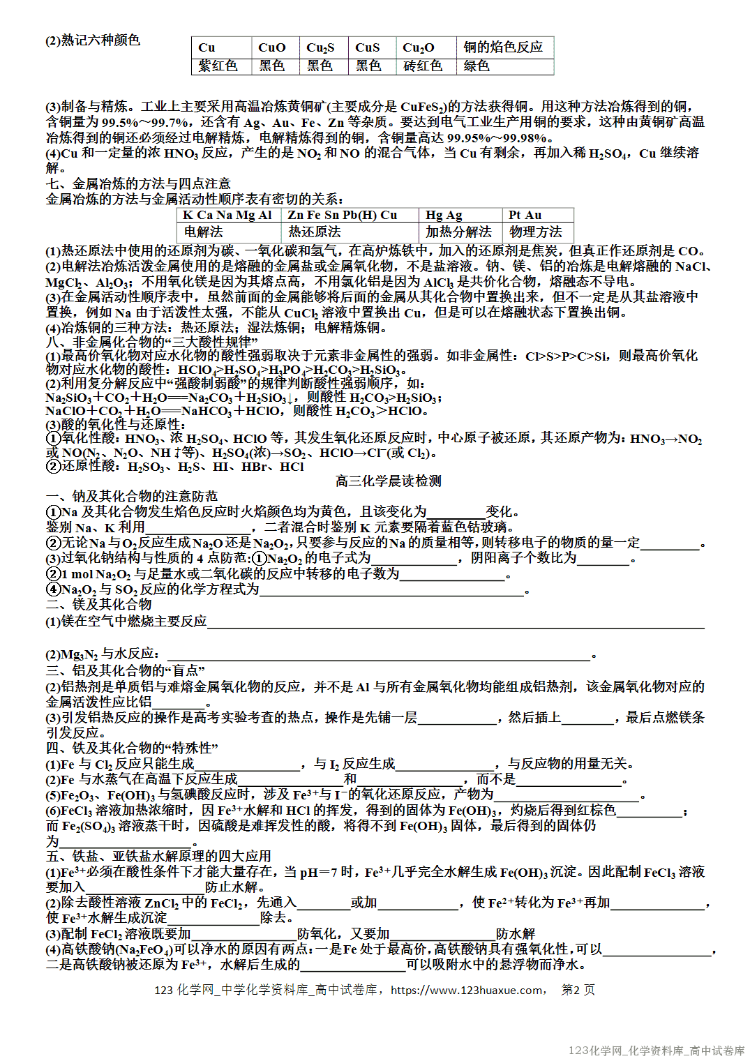 【学案】2026届高考高三化学二轮复习晨读材料与练习-金属元素及其化合物考点