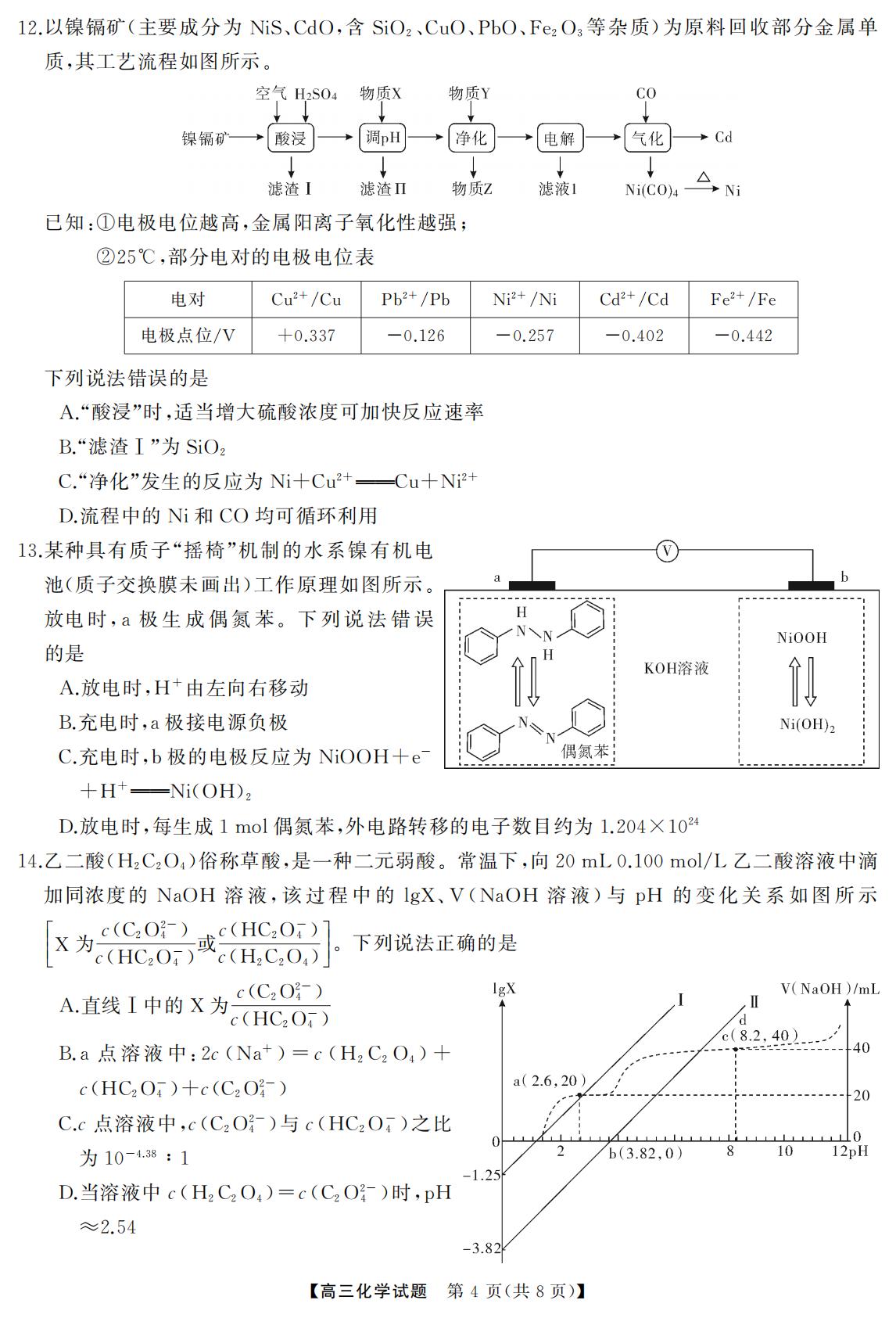 湖南省常德市2026届新高三上学期起点考试化学试题pdf原版含答案