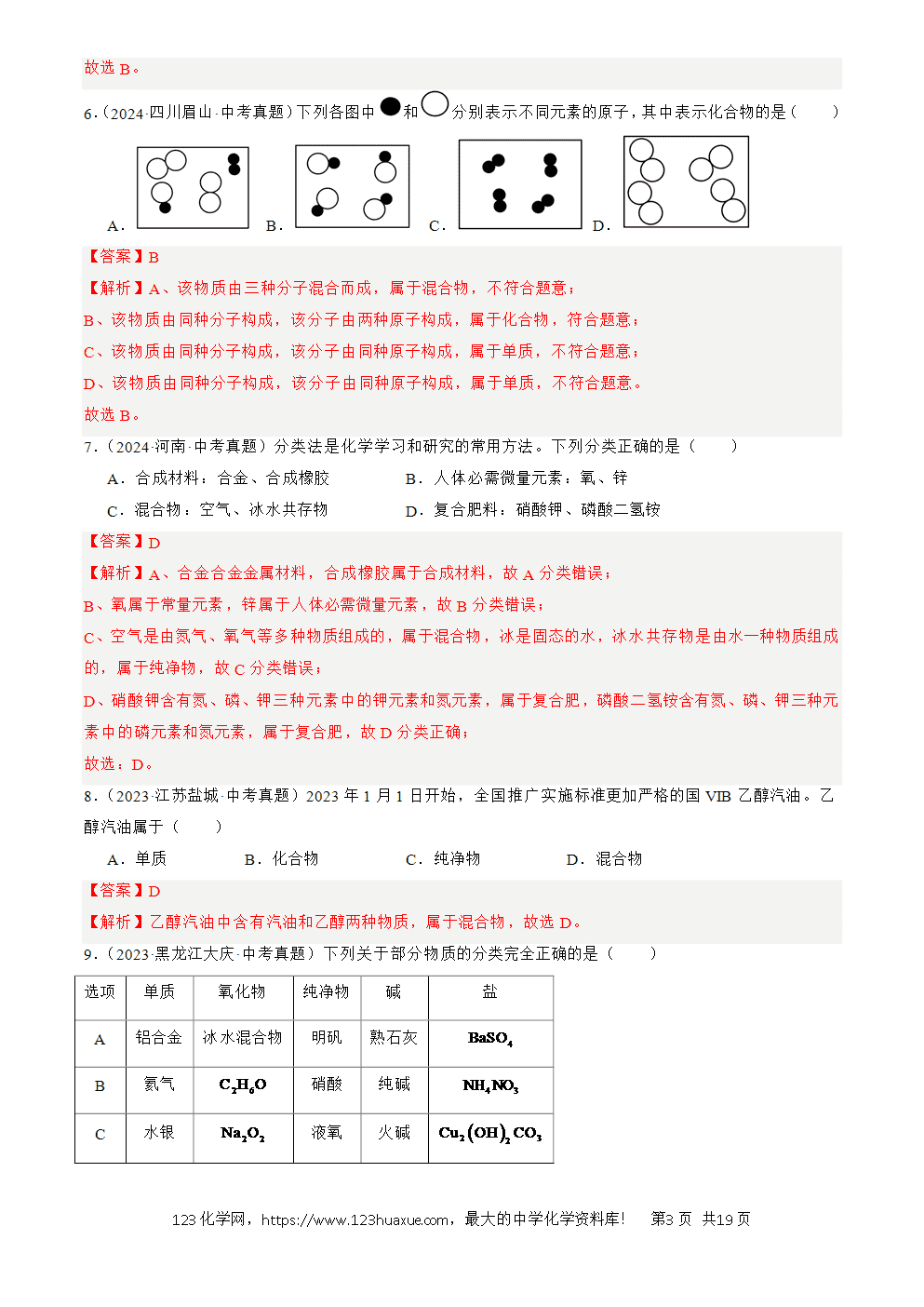 2022-2024三年中考化学真题分类汇编全国通用专题10 物质的分类、微粒构成物质解析版