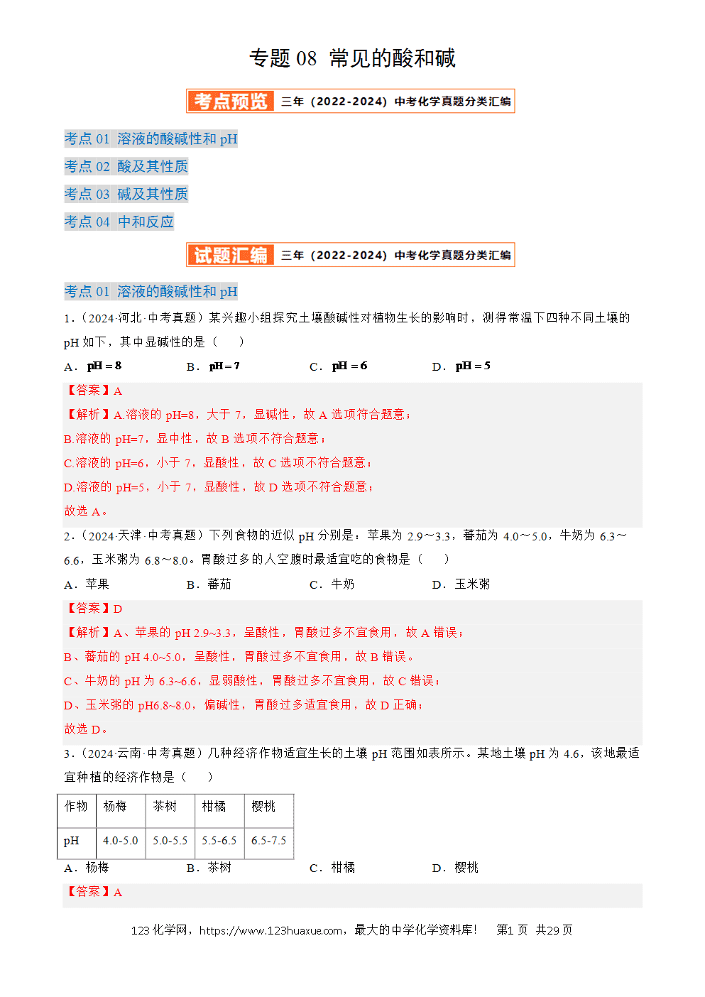 2022-2024三年中考化学真题分类汇编全国通用专题08 常见的酸和碱解析版