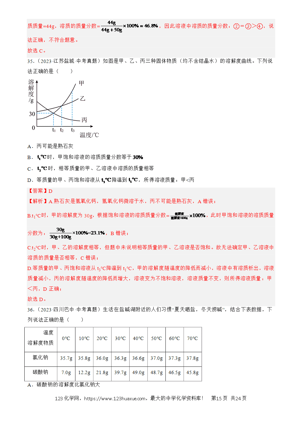 2022-2024三年中考化学真题分类汇编全国通用专题06 溶液解析版