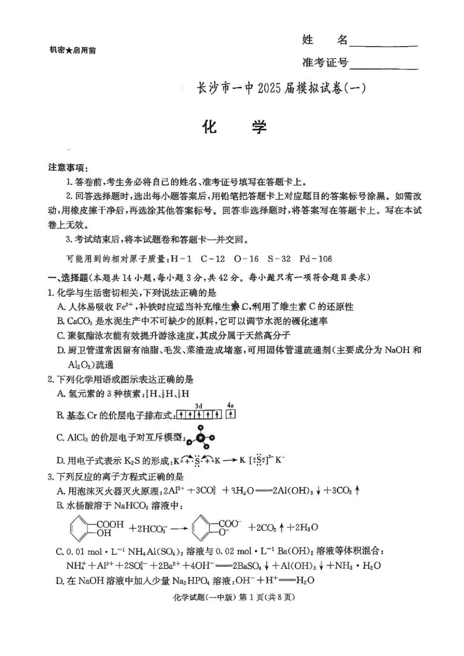 2025届湖南省长沙市第一中学高三下学期模拟(一)化学试题(含答案)-1 2025届湖南省长沙市第一中学高三下学期模拟(一)化学试题(含答案)-1