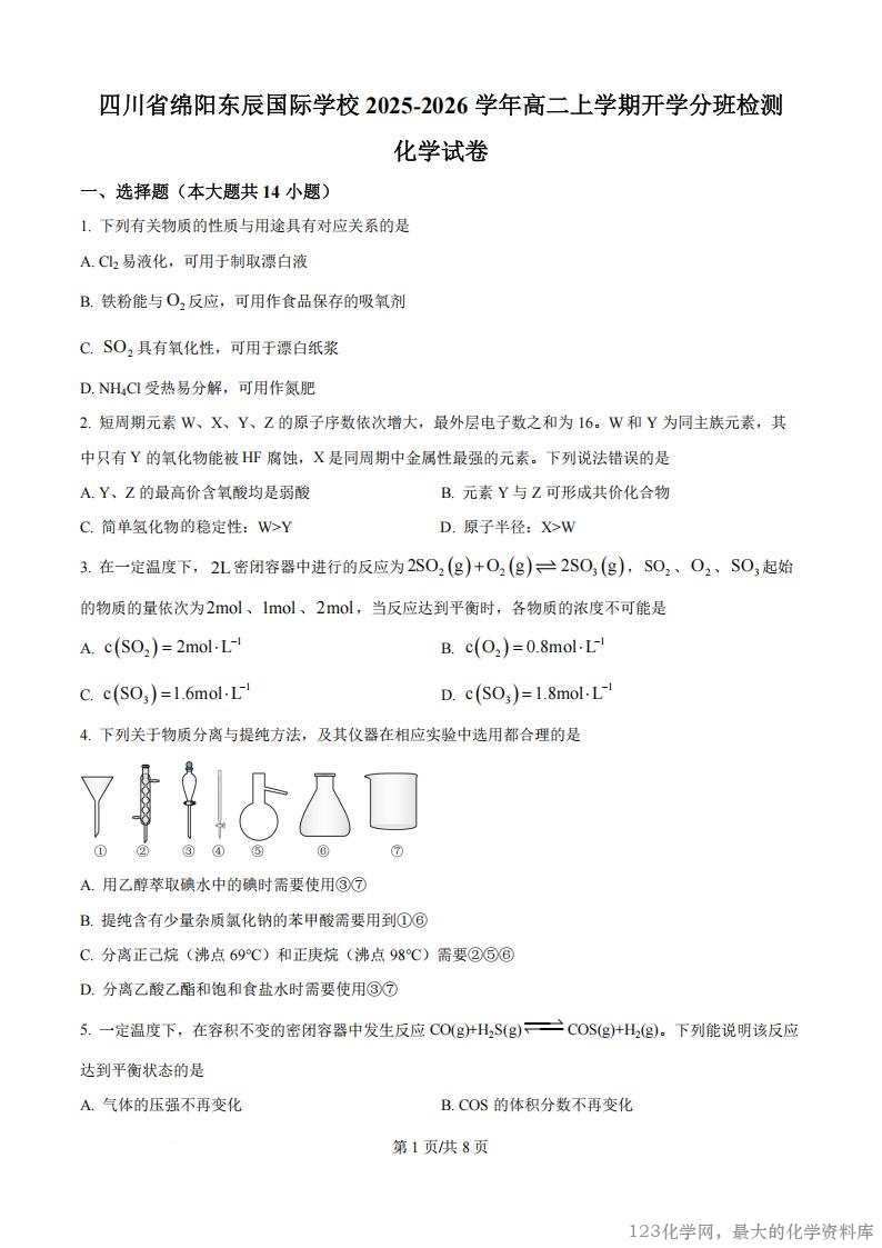 精品解析：四川省绵阳市东辰国际学校2025-2026学年高二上学期开学分班检测化学试卷（原卷版）
