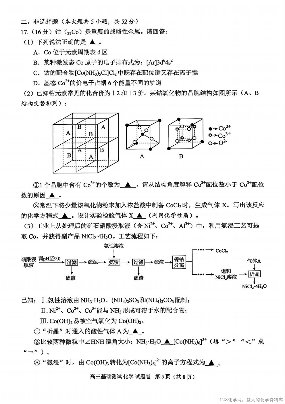 浙江省嘉兴市2025年9月高三基础测试(9.17-9.19)化学试卷含答案