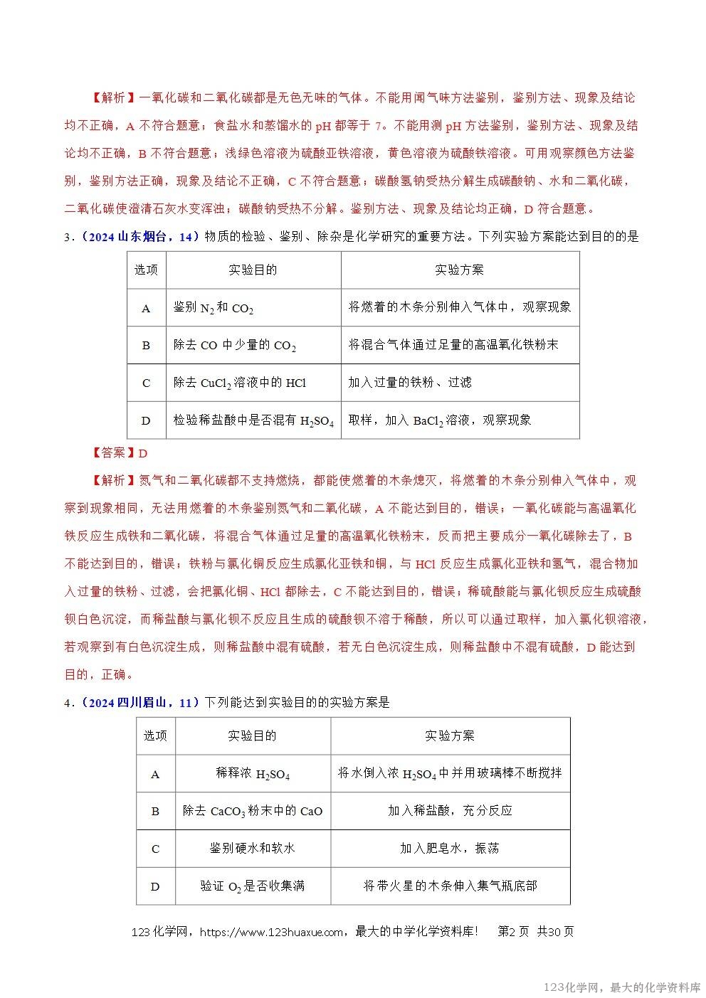 2024年中考化学试卷分类汇编专题15物质的鉴别、分离、除杂、提纯与共存问题解析版word版